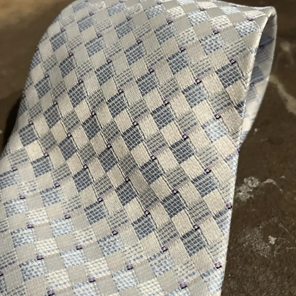Kai Long Tie 100% Silk Blue Diamond Pattern Handmade